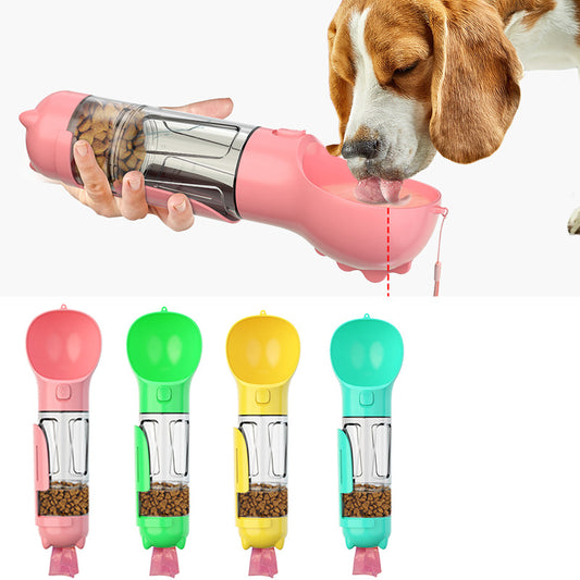 Portable 3-in-1 dog water bottle with food feeder, poop dispenser, and travel bowl. - Pet Paradise
