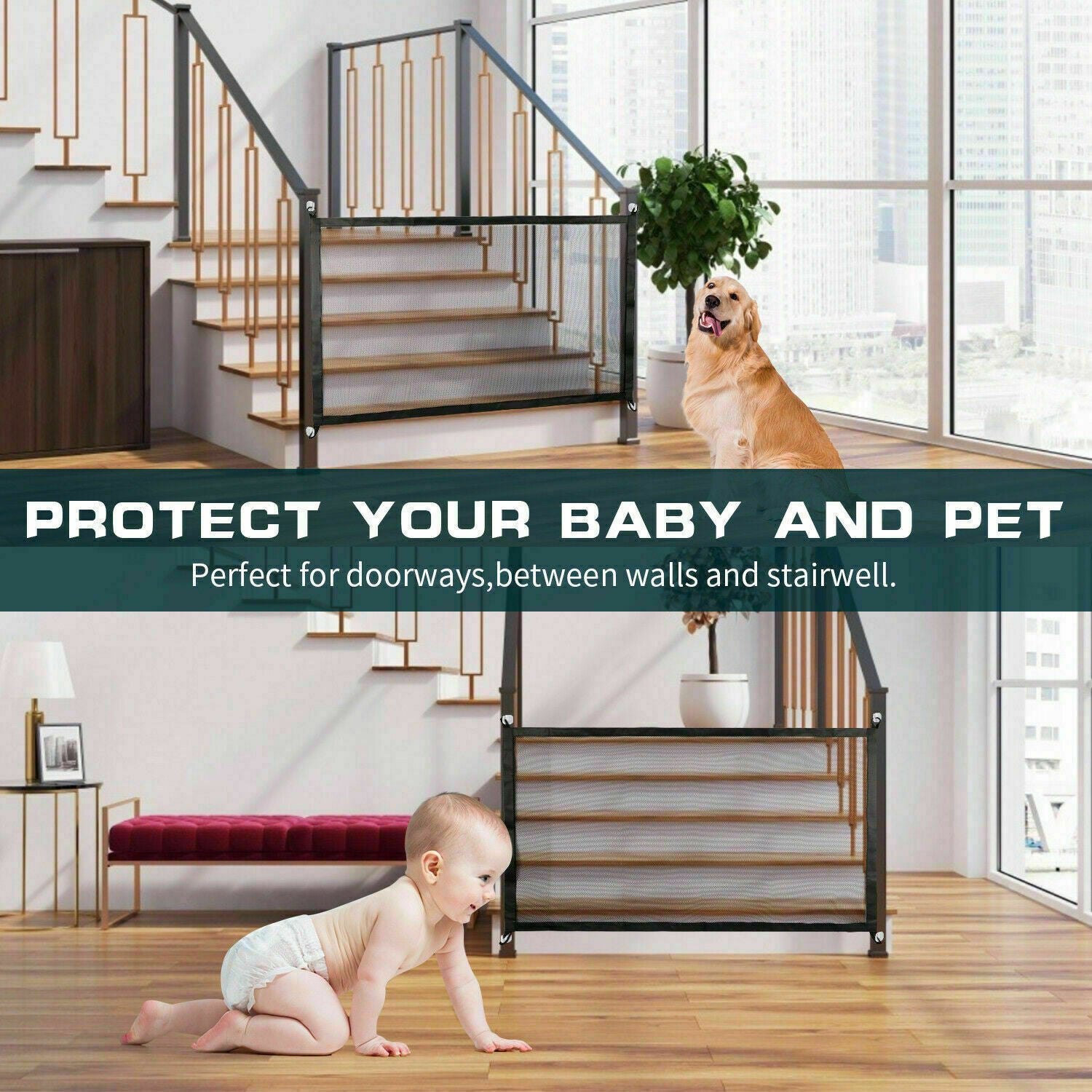Portable mesh safety gate for pets and babies at stairs/doors. - Pet Paradise